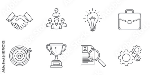 Set of minimal business icons including handshake, lightbulb, team, briefcase, target and trophy
