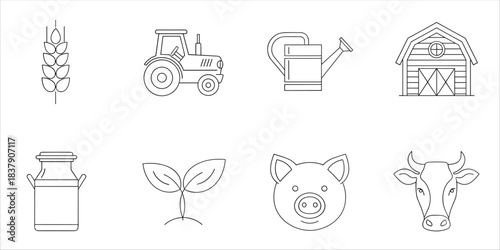 Set of minimal linear farm icons including tractor, barn, cow, pig, wheat, milk and sprout
