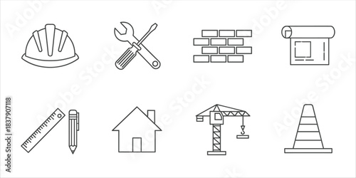 Set of minimal linear construction icons including helmet, tools, blueprint, house, crane and cone
