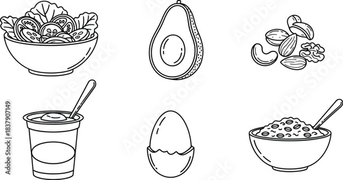 Healthy food items vector outline icon set for nutrition and diet concept isolated on white background