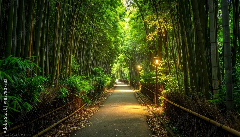 Obraz premium Path winds through a verdant bamboo forest, illuminated by sunlight and gentle lamps. Serene, lush, and inviting