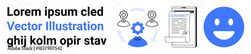 Contract management, workflow optimization, professional agreements, business operations, teamwork, digital systems. Circular arrow, gear clipboard and happy icon . Contract management and workflow