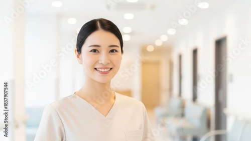 Free Download Smiling Japanese healthcare professional woman in light scrubs, confidently standing in a bright, modern hospital corridor, exuding a friendly and approachable demeanor - GFXLoad