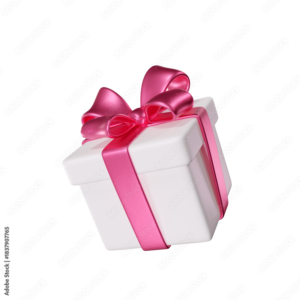 Obraz premium 3D White Gift Box with a Pink Ribbon and Bow for Holiday, Birthday, Weddings, St. Valentine's Day or Christmas. Ideal for greeting cards and promotional materials. 3D rendering 