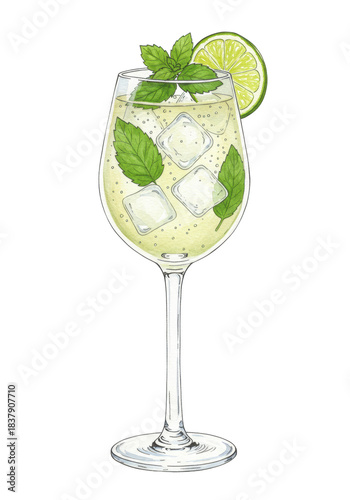 hand-painted watercolor illustration of a perfectly chilled, greenish-yellow hugo spritz in a stemmed glass with mint and lime on an transparent backdrop. concept for beverage advertising
