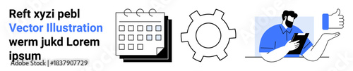 Calendar icon, gear representing settings, and man using a tablet with approval gesture. Ideal for planning, productivity, collaboration, management, workflow, scheduling simple landing page