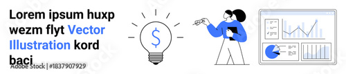 Businesswoman pointing at financial graphs beside a bright lightbulb with a dollar sign. Ideal for innovation, finance, strategy, growth, analytics, entrepreneurship, simple landing page
