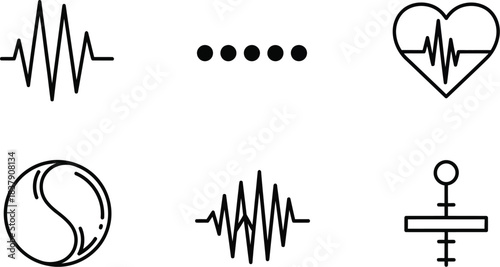 Set of six medical and scientific line vector icons including heartbeat pulse and energy symbols isolated on white background