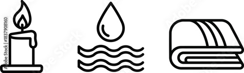Set of three wellness and spa related outline vector icons featuring towel steam and candle isolated on white background
