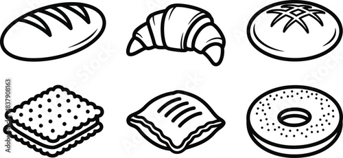 Set of six outline bread and baked goods vector icons including croissant bagel and loaf isolated on white background