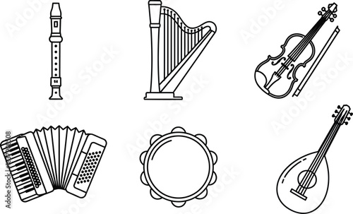 Six musical instrument vector outline icons including flute harp violin accordion tambourine and lute icon isolated on white background