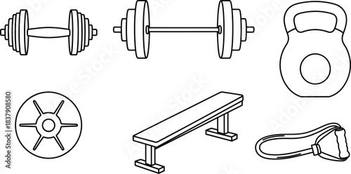 Six gym equipment outline icons vector collection for fitness and workout applications isolated on white background