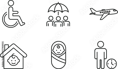 Vector line icon set representing life stages, travel, health, and protection isolated on white background