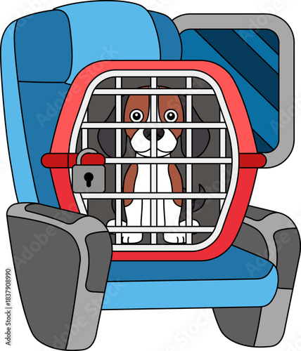 A cartoon dog in a cage in an airplane