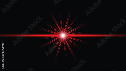 Bright red laser beam light effect with starburst flare on black background