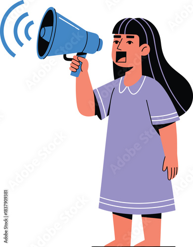 Illustrated young girl with black hair in a purple dress shouting into a blue megaphone.