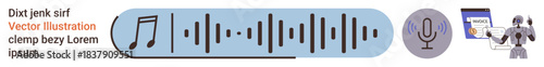 Audio recognition, music production, AI tools, voice command, sound editing, technology integration. A music note, waveform microphone and AI robot. Audio recognition and music production
