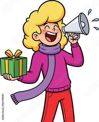Joyful cartoon girl with blonde hair and a purple scarf shouting into a megaphone while holding a green gift box.