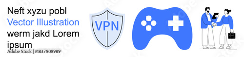 Data security, online gaming, business communication, team collaboration, remote work, digital interactions. Shield with VPN text, gaming controller two professionals meeting. Data security