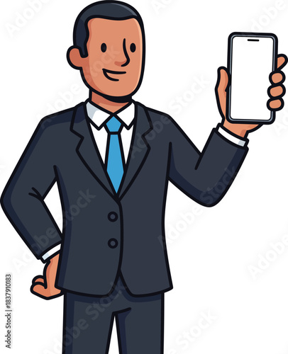 Smiling cartoon businessman in a dark suit and blue tie holding a smartphone with a blank screen.