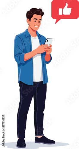 Smiling young man in a casual blue shirt using a smartphone receiving a social media like notification.
