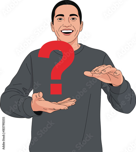 Smiling illustrated man in a grey sweatshirt holding a large red question mark symbol.