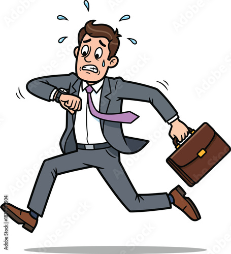 Stressed cartoon businessman in a grey suit running late anxiously checking his watch while holding a briefcase.