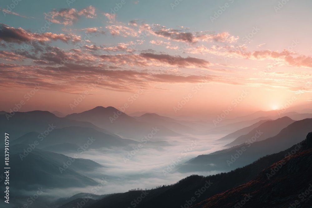 Obraz premium beautiful sunset over misty mountains, background with copy space