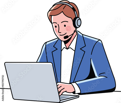 Young male customer service agent in a blue suit with a headset working on a laptop.