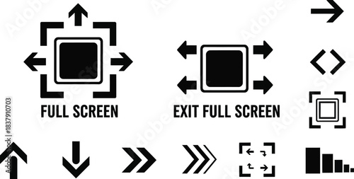 Full screen vector black icons. Set of full screen and exit full screen icon. Arrow mark icons. Scalability icons in flat style for web site, UI, mobile app. 