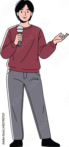 Young man in a maroon sweater and grey pants holding a microphone gesturing while speaking.
