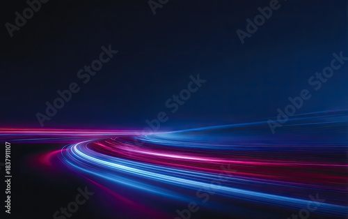 Abstract flowing light trails in shades of blue and pink against a dark blue backdrop