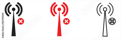 Wireless alert signal icons in red and black. Wireless notification icons featuring exclamation marks and signal waves, ideal for illustrating warnings, alerts, connectivity issues. 
