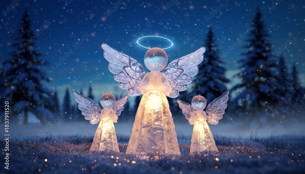Fototapeta premium Three glowing crystal angels standing illuminated in a serene snowy forest at night with a radiant halo and sparkling ground, concept for Christmas, winter holidays and spiritual celebrations