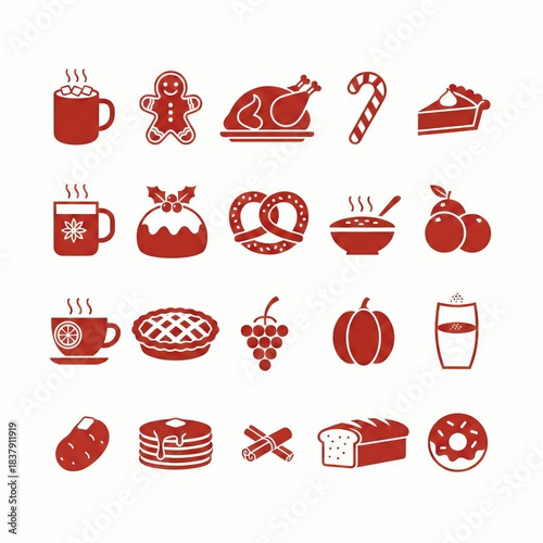 Winter Holiday and Cozy Food Icon Set: Red Vector Silhouettes of Seasonal Dishes and Drinks.