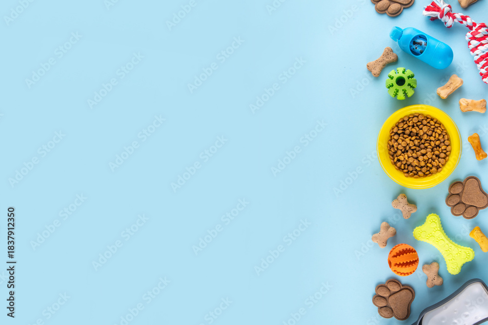 Obraz premium Flat lay composition with food, snacks, toys and accessories for dog