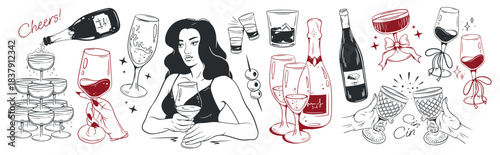 Set of various alcoholic drinks. Line art cocktails, bottles, glasses, girl with the wine glass. Vector stickers.