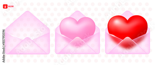 Valentines Day design elements. Envelope icon with glass morphism effect. 3D pink translucent envelope set, open, with red or pink heart inside. Matte transparent glass with sparkling edges. Vector