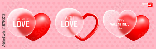Valentines Day design elements, buttons with glass morphism effect. 3D red hearts, circle and heart shapes are made of matte translucent glass with sparkling edges. Vector illustration