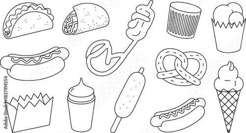 A collection of black and white line art street food items and desserts taco burrito