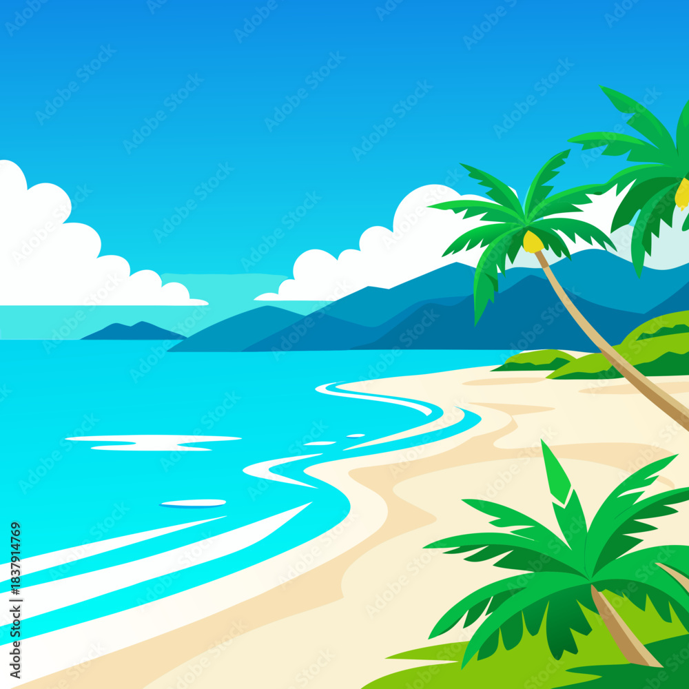 Obraz premium Tropical beach scene with palm trees, ocean, and sandy shore.