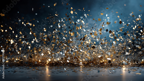 burst of celebratory confetti frozen in mid-air against a deep navy blue backdrop. The composition is symmetrical, with streams of gold and silver geometric confetti particles radiating from 