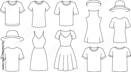 Original name(s): Collection of black and white line art drawings of clothing items t shirt dress