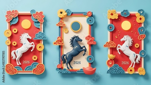 Lunar New Year 2026 Paper Cut Art with Three Zodiac Horses