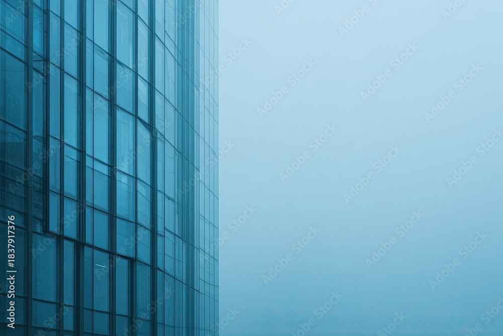 Obraz premium A teal-toned skyscraper partially obscured by a misty atmosphere on a gloomy day