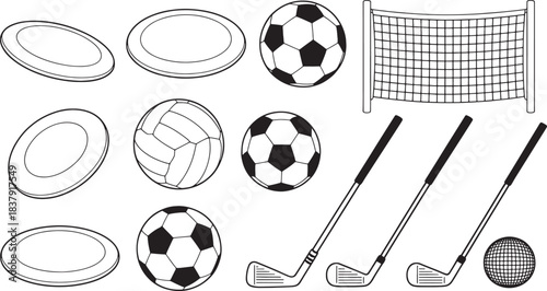 Collection of black and white sports equipment including frisbees soccer balls volleyball golf clubs and net