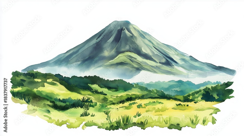 Fototapeta premium Volcanoes National Park. Volcanoes National Park hand drawn watercolor illustration on white background