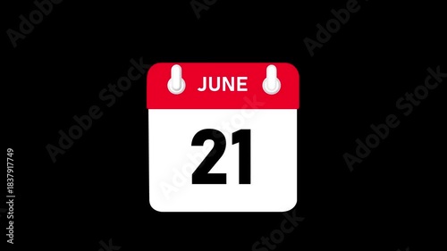 June month 21 date Calendar animation video with black background.4k motion video animation .