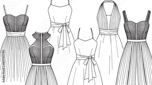 Five black and white fashion illustrations of women's dresses sketch drawing