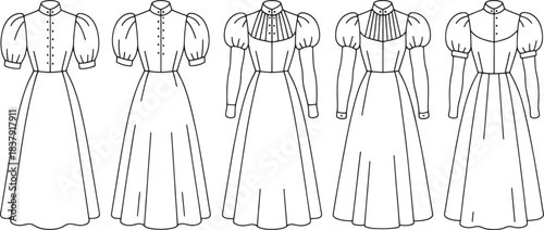 Five vintage style dresses with puff sleeves and high necklines retro fashion